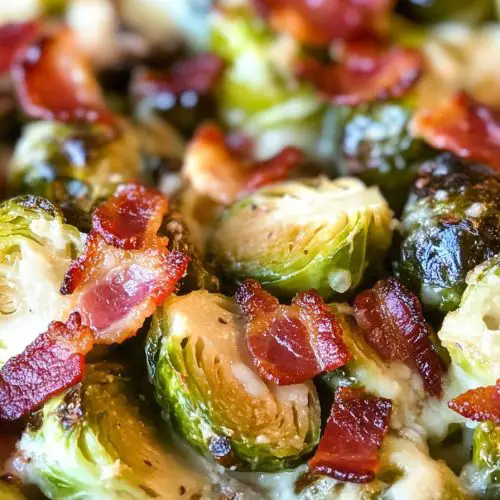 Creamy Garlic Parmesan Brussels Sprouts with Bacon