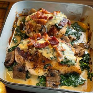 Chicken with Creamed Spinach Bacon Mushrooms