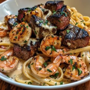 Blackened Steak and Shrimp Alfredo