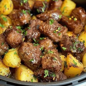 Air Fryer Garlic Butter Steak Bites and Potatoes