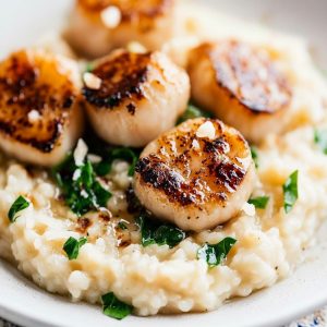 Lemon Butter Scallops Over Parmesan Risotto