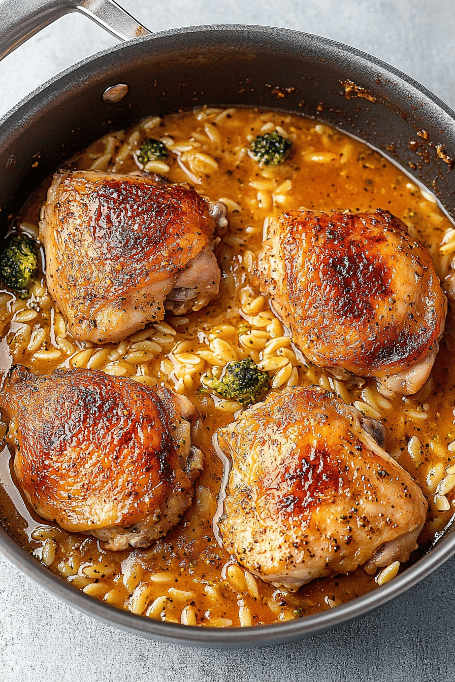 Skillet Chicken Thighs with Broccoli Cheddar Orzo