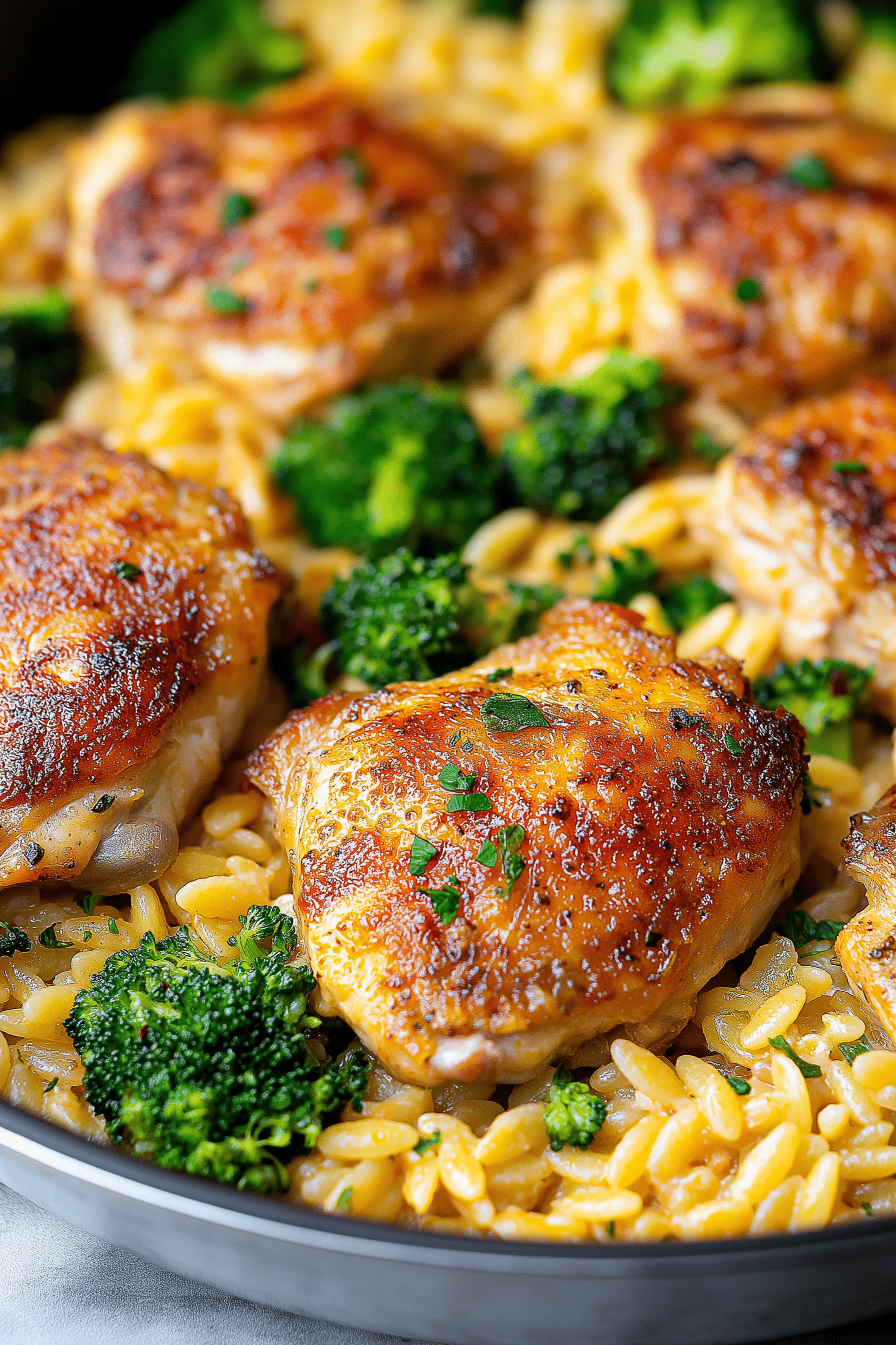 Skillet Chicken Thighs with Broccoli Cheddar Orzo