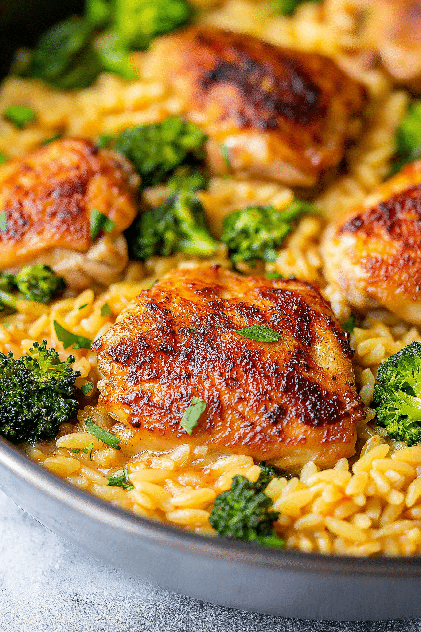 Skillet Chicken Thighs with Broccoli Cheddar Orzo