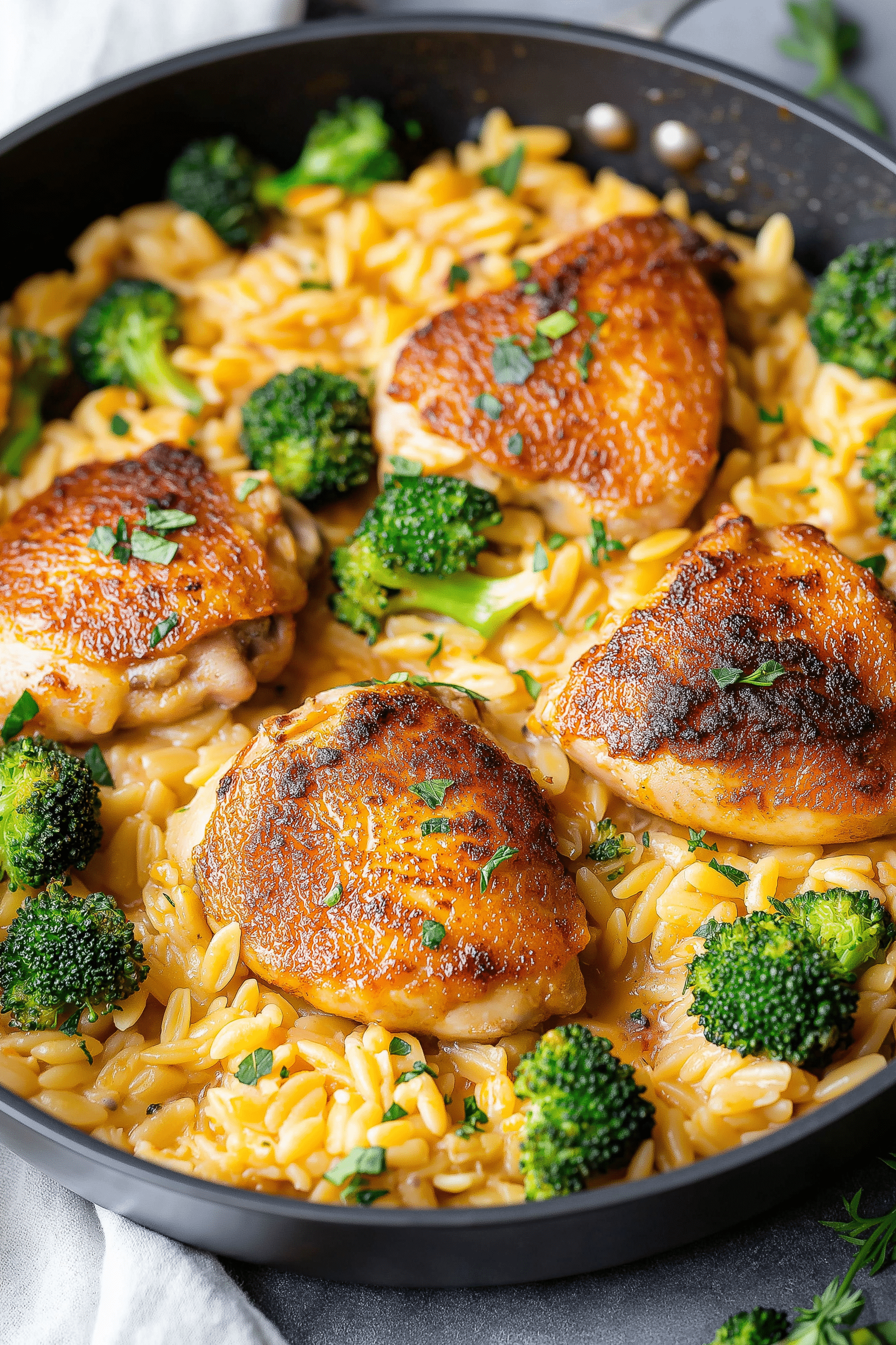 Skillet Chicken Thighs with Broccoli Cheddar Orzo