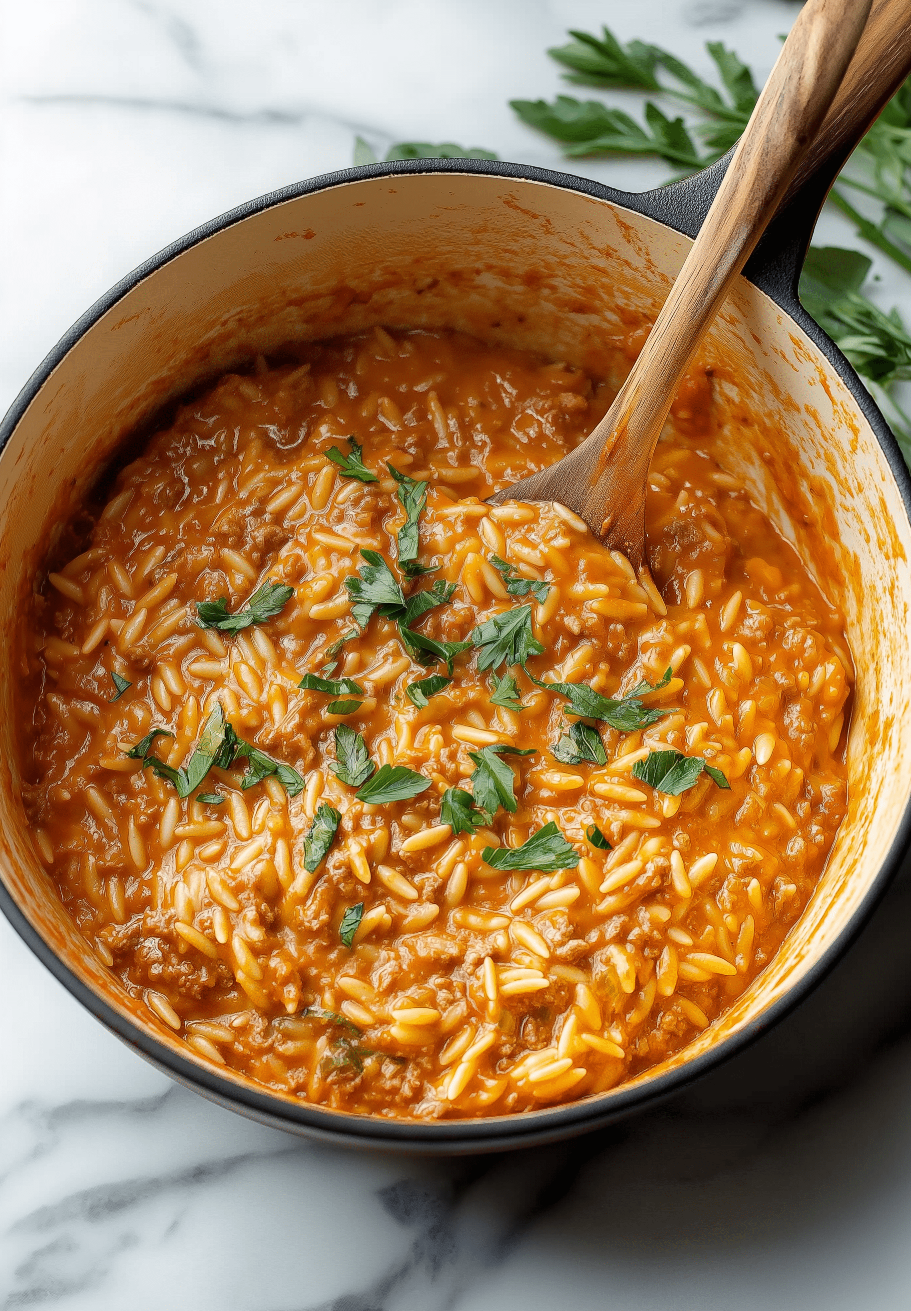 Ground Beef Orzo with Tomato Cream Sauce