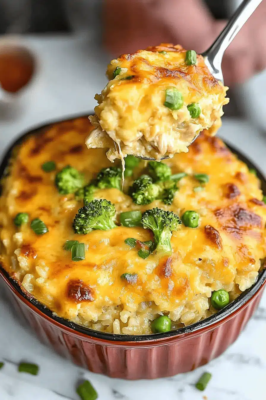 Cheesy Chicken Broccoli Rice Casserole Final Dish Presentation