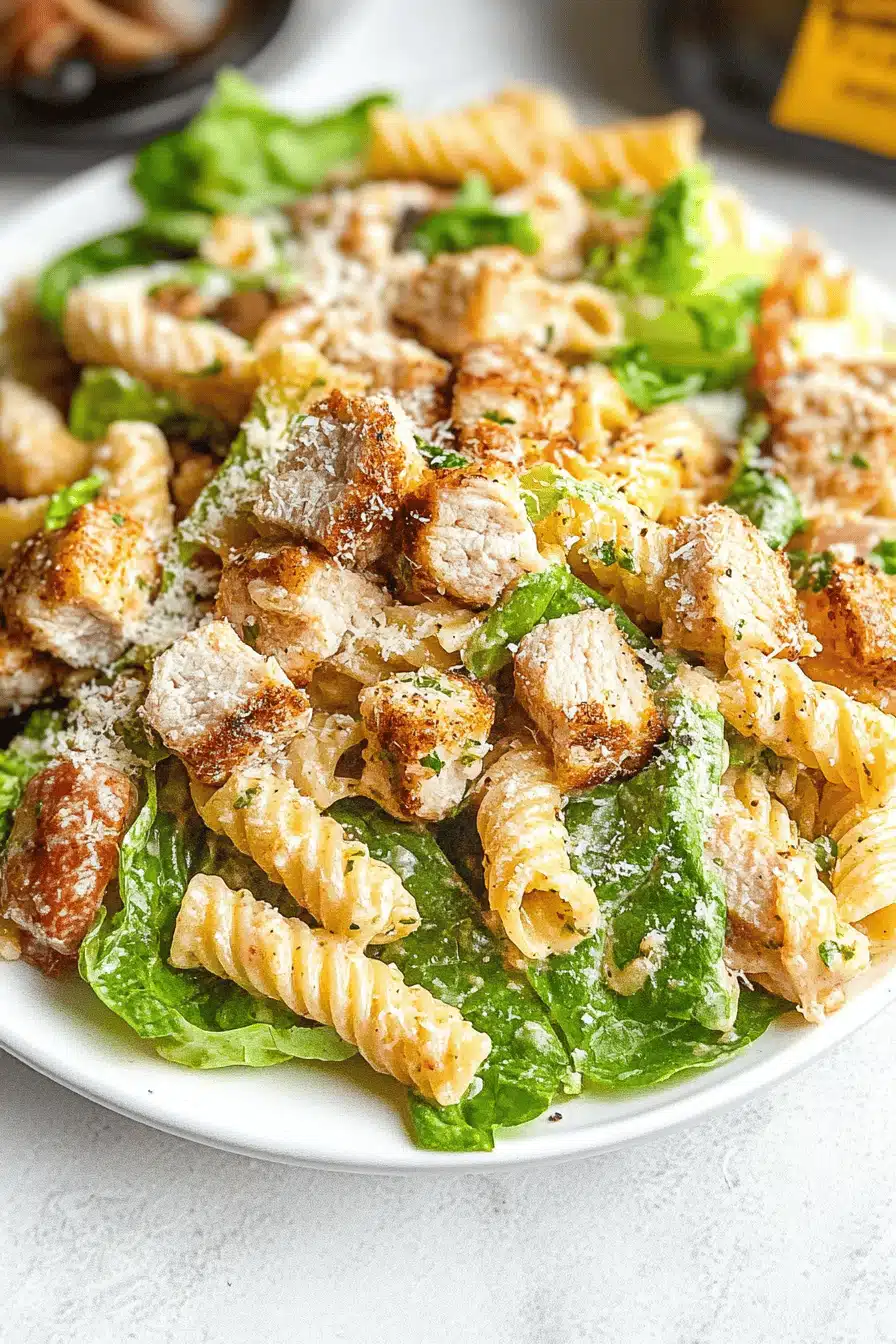 Chicken Caesar Pasta Salad Final Dish Presentation