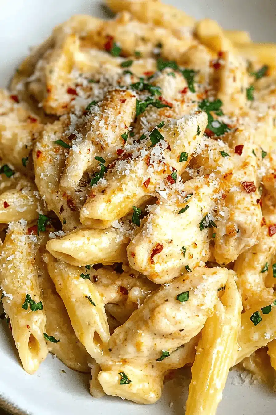 Garlic Parmesan Chicken Pasta Final Dish Presentation