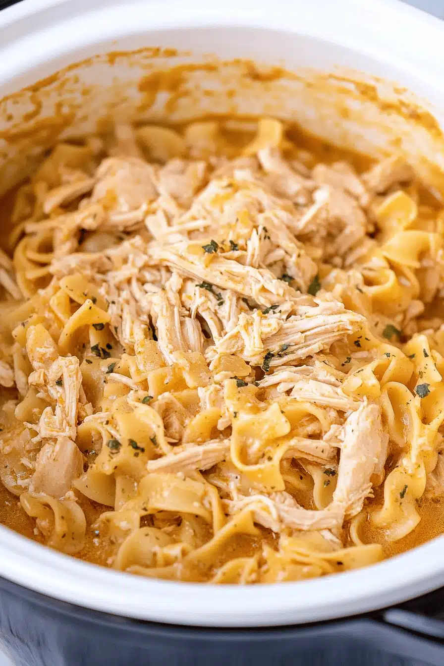 Slow Cooker Chicken Noodles Final Dish Presentation