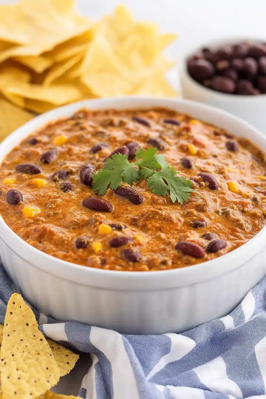 Slow Cooker Chili Cheese Dip Final Dish Presentation