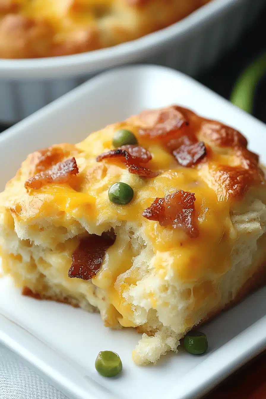 Bacon Egg Cheese Biscuit Casserole slice on plate showing perfect texture and swirl pattern