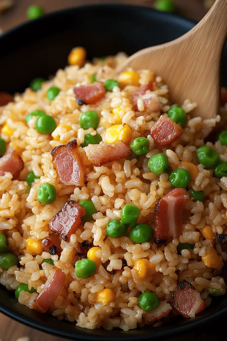 Bacon Fried Rice ingredients organized and measured on kitchen counter