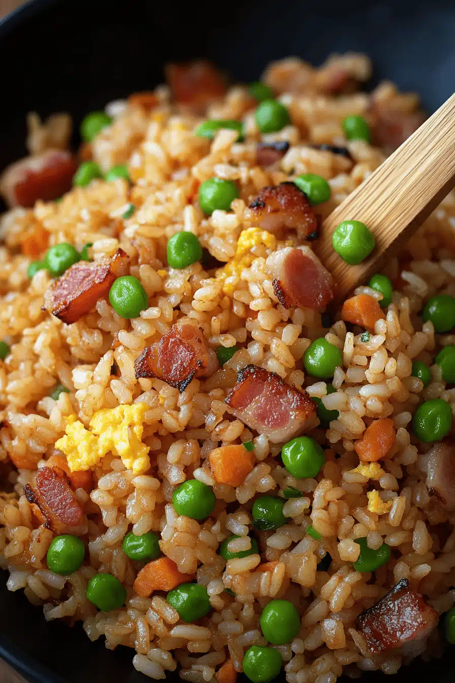 Bacon Fried Rice slice on plate showing perfect texture and swirl pattern