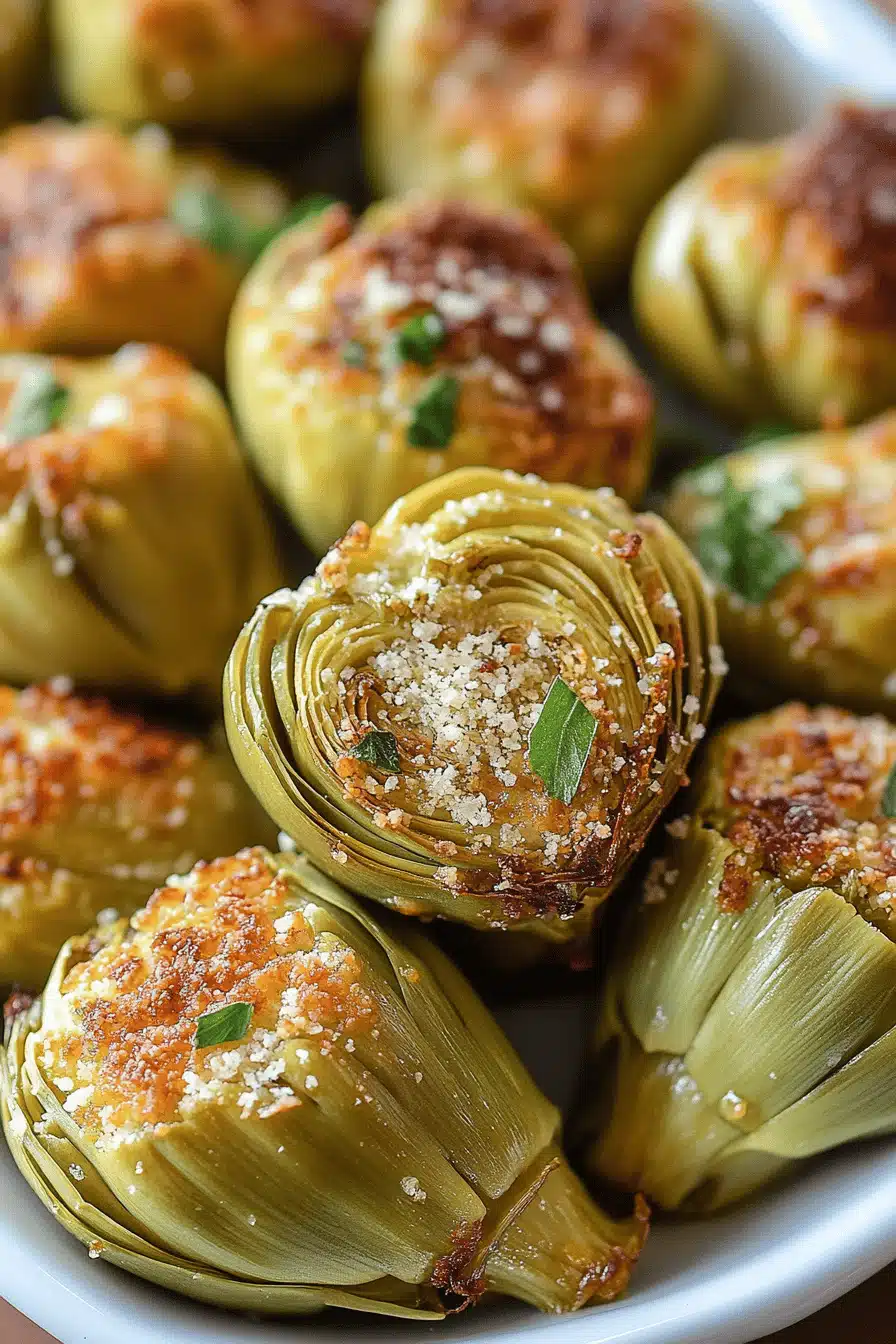 Baked Parmesan Artichoke Hearts slice on plate showing perfect texture and swirl pattern