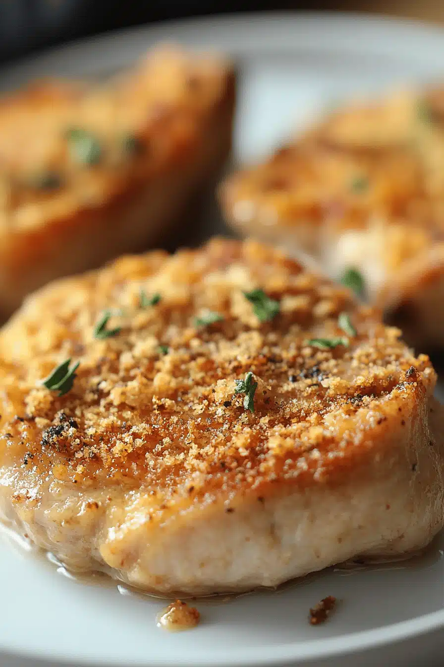 Baked Parmesan Pork Chops slice on plate showing perfect texture and swirl pattern