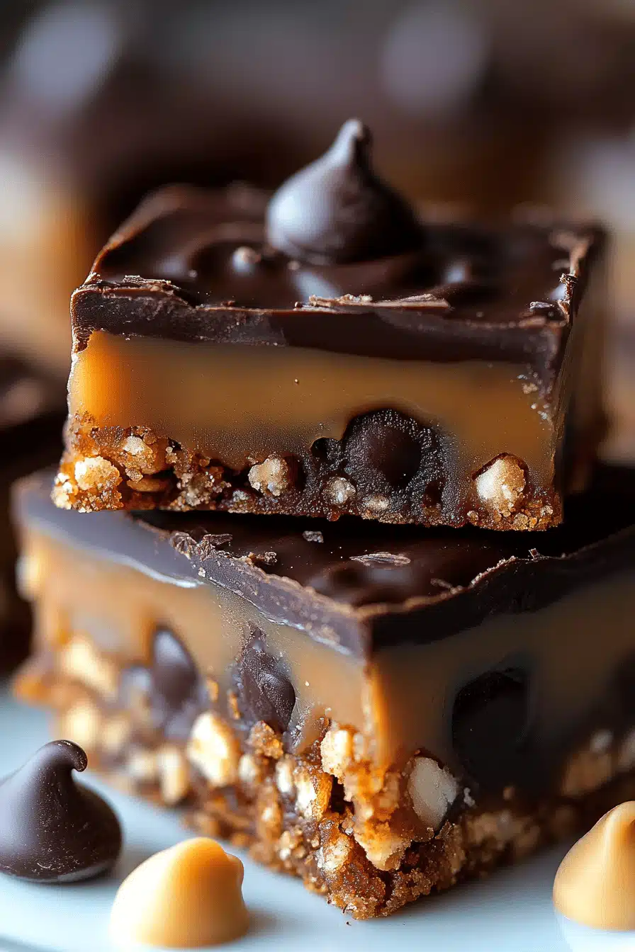 Caramel Chocolate Crunch Bars slice on plate showing perfect texture and swirl pattern