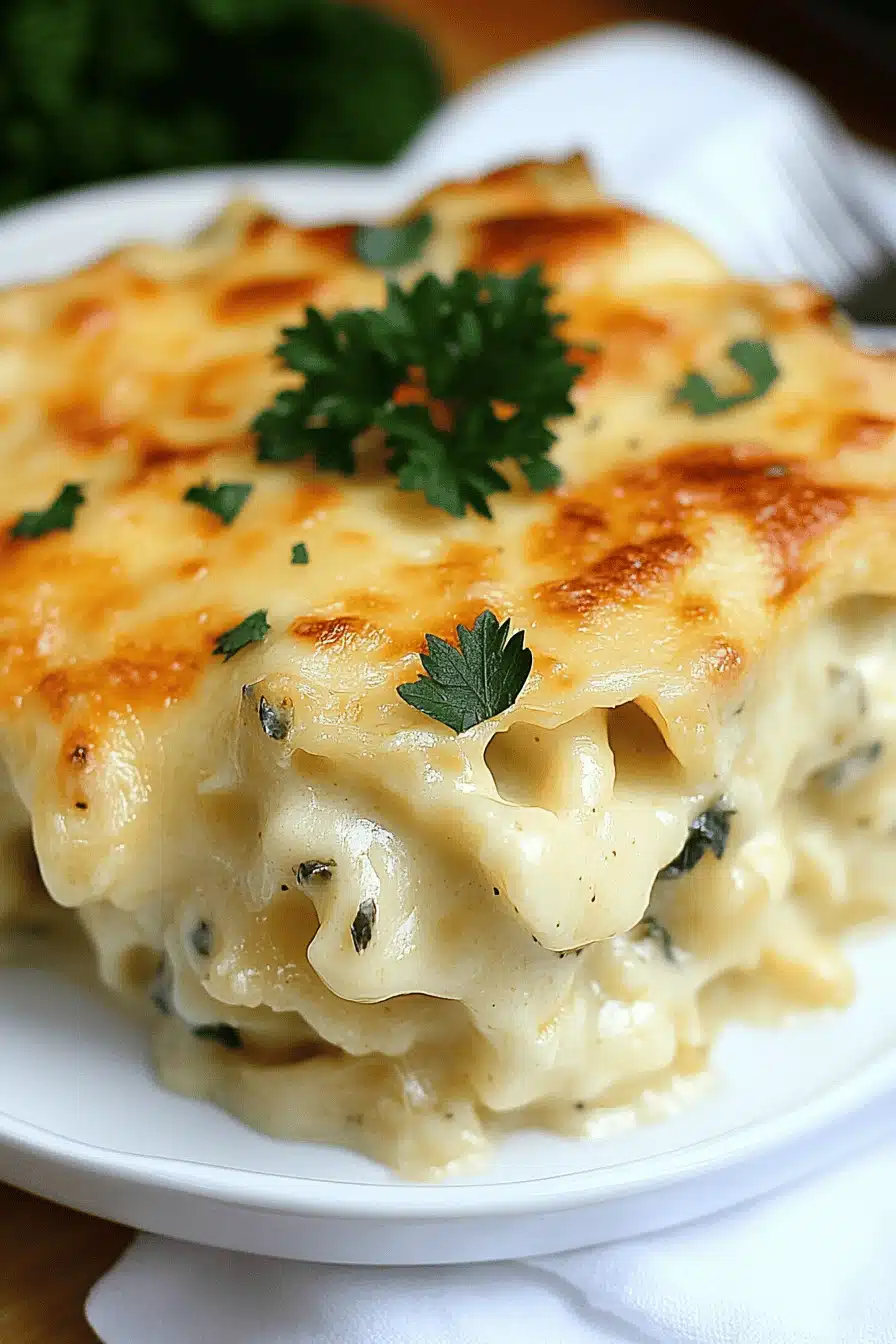 Cauliflower Alfredo Bake slice on plate showing perfect texture and swirl pattern