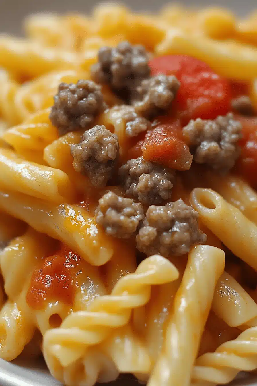 Cheeseburger Pasta ingredients organized and measured on kitchen counter