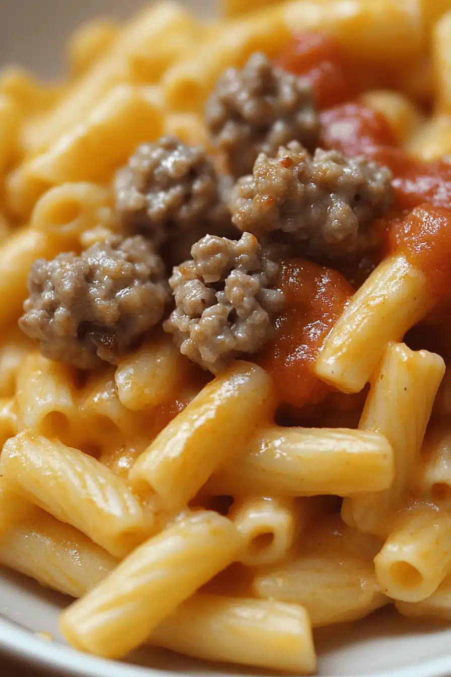 Cheeseburger Pasta slice on plate showing perfect texture and swirl pattern