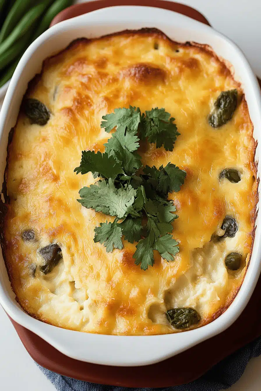 Chili Relleno Casserole slice on plate showing perfect texture and swirl pattern