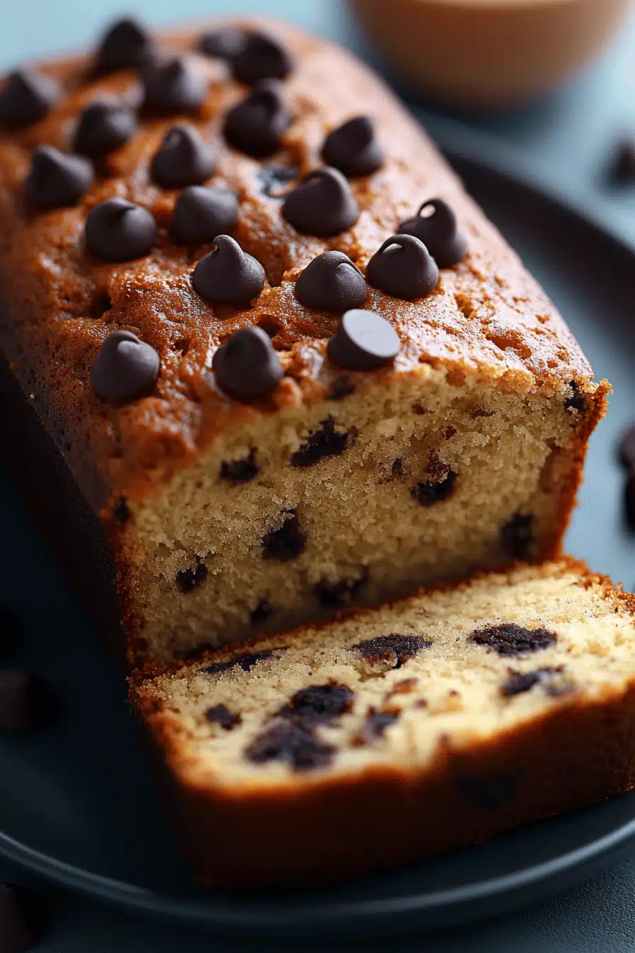 Chocolate Chip Banana Bread Recipe slice on plate showing perfect texture and swirl pattern