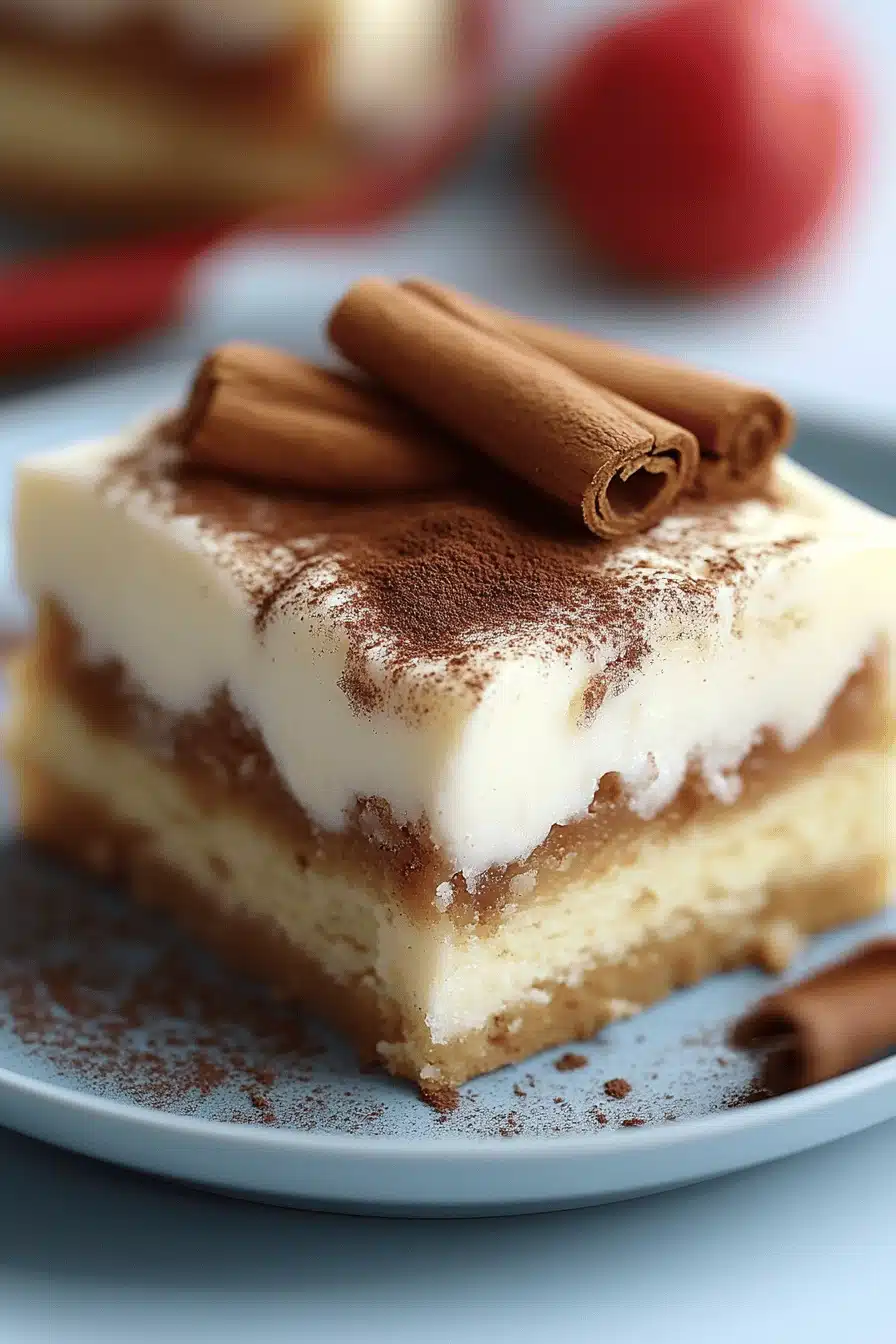 Cinnamon Roll Poke Cake slice on plate showing perfect texture and swirl pattern