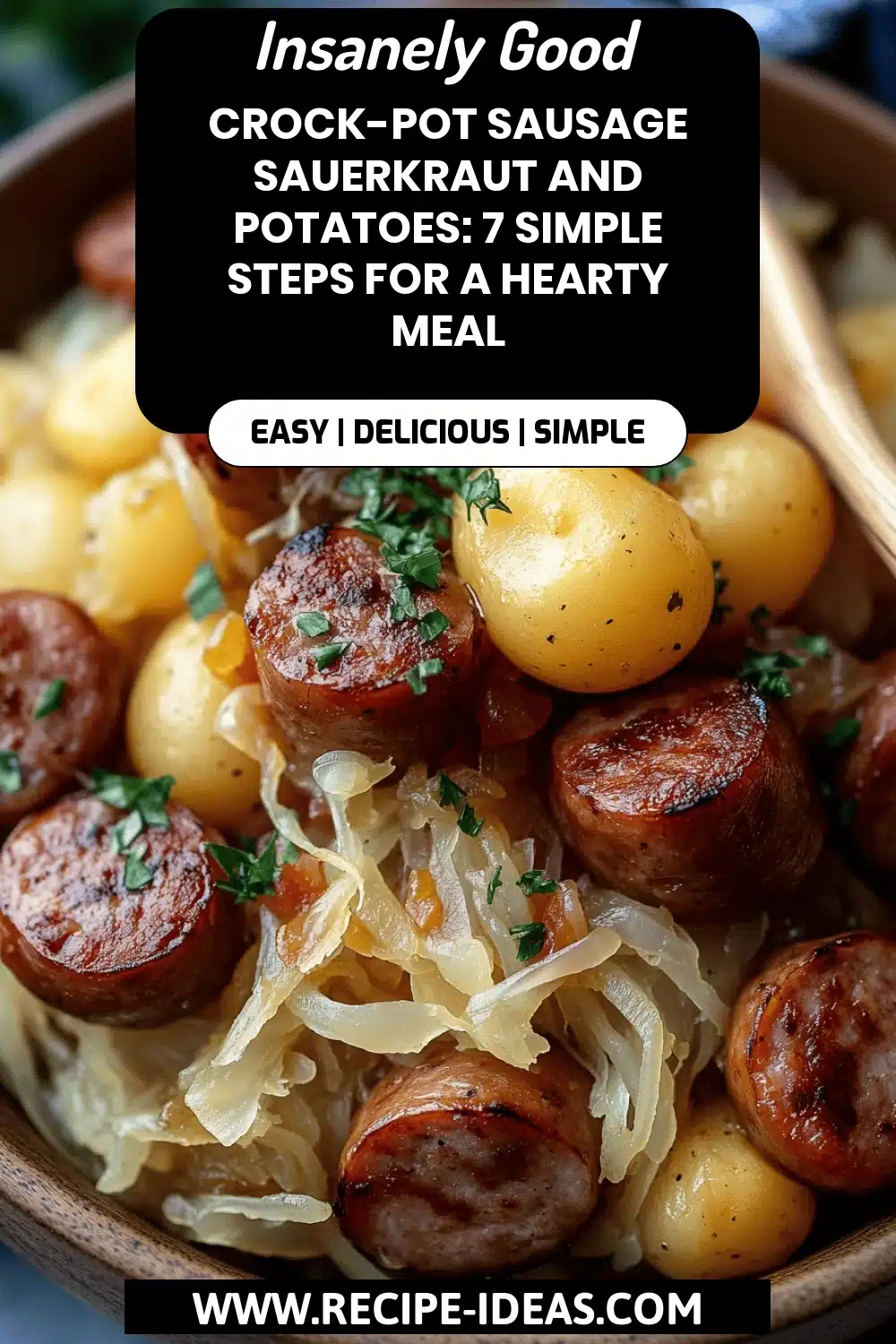 Crock-Pot Sausage Sauerkraut Potatoes final dish beautifully presented and ready to serve