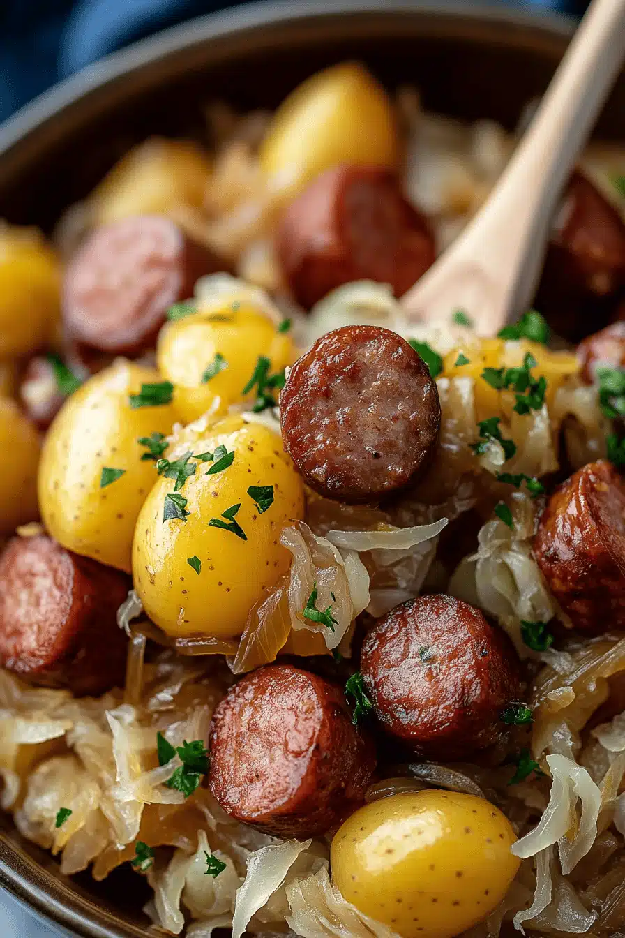 Crock-Pot Sausage Sauerkraut Potatoes ingredients organized and measured on kitchen counter