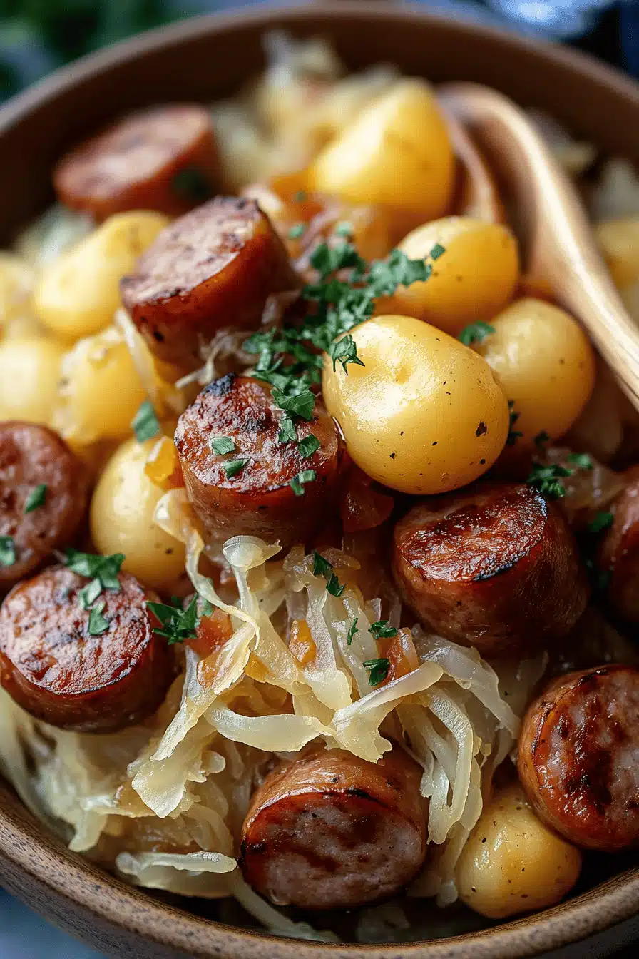 Crock-Pot Sausage Sauerkraut Potatoes slice on plate showing perfect texture and swirl pattern
