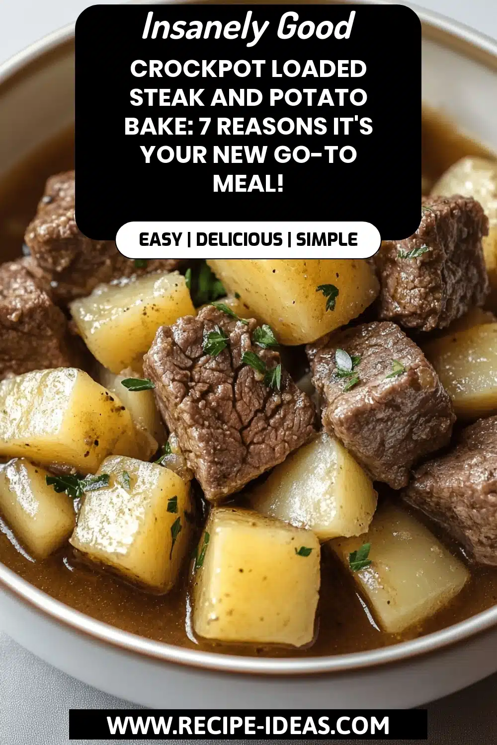 Crockpot Steak and Potato Bake final dish beautifully presented and ready to serve