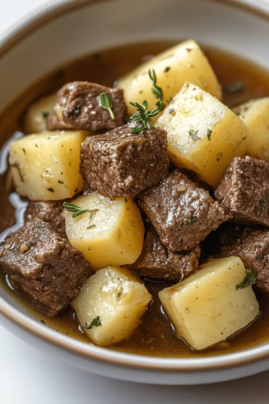 Crockpot Steak and Potato Bake ingredients organized and measured on kitchen counter