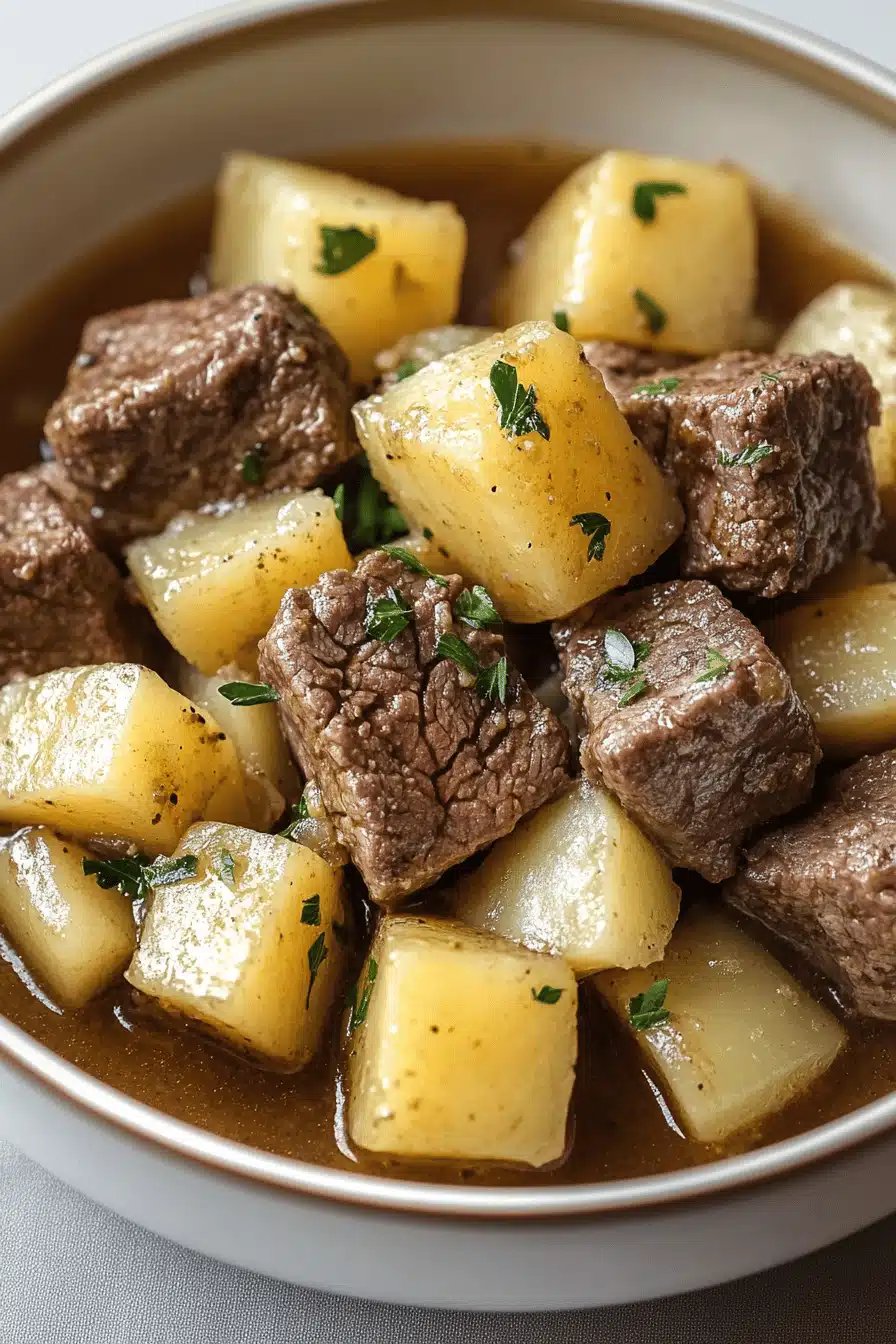Crockpot Steak and Potato Bake slice on plate showing perfect texture and swirl pattern