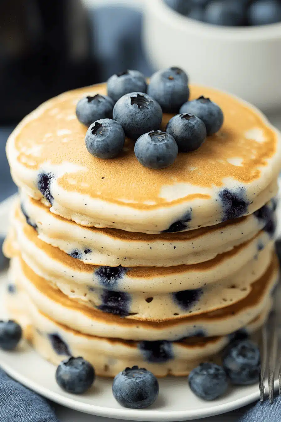 Fluffy Blueberry Pancakes slice on plate showing perfect texture and swirl pattern