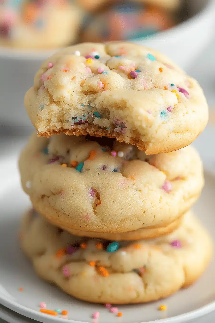 Funfetti Cake Mix Cookies slice on plate showing perfect texture and swirl pattern