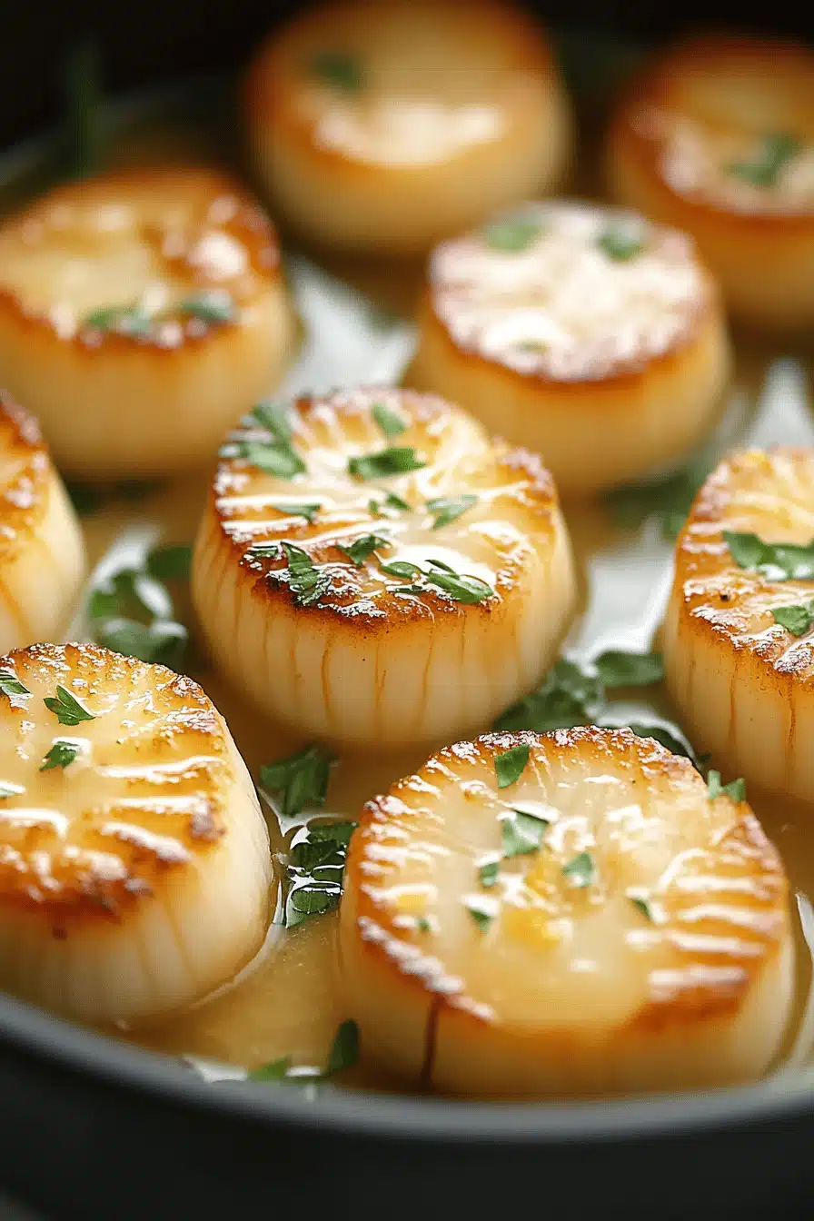 Garlic Lemon Butter Scallops slice on plate showing perfect texture and swirl pattern
