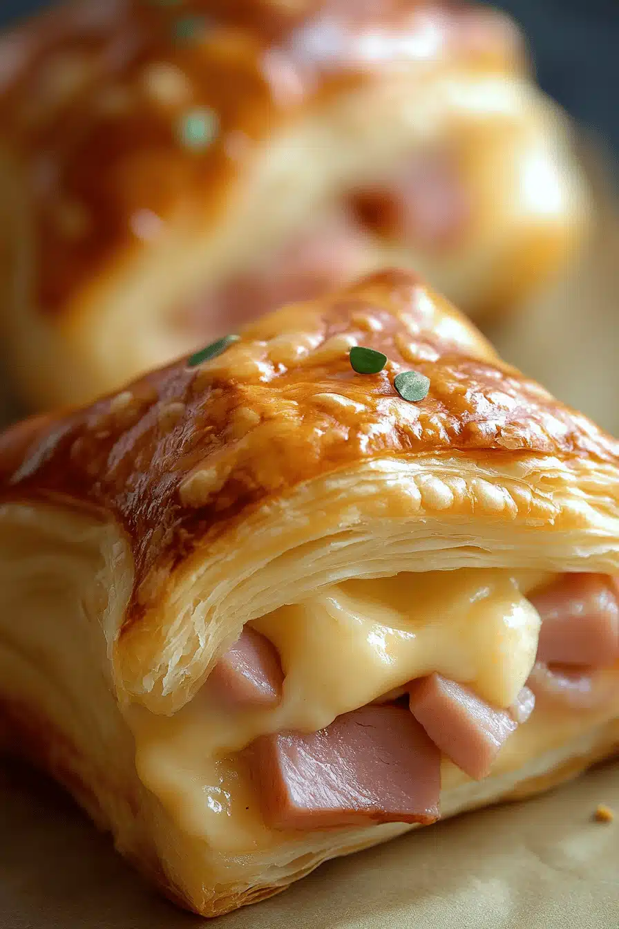 Ham and Cheese Puff Pastry Recipe slice on plate showing perfect texture and swirl pattern