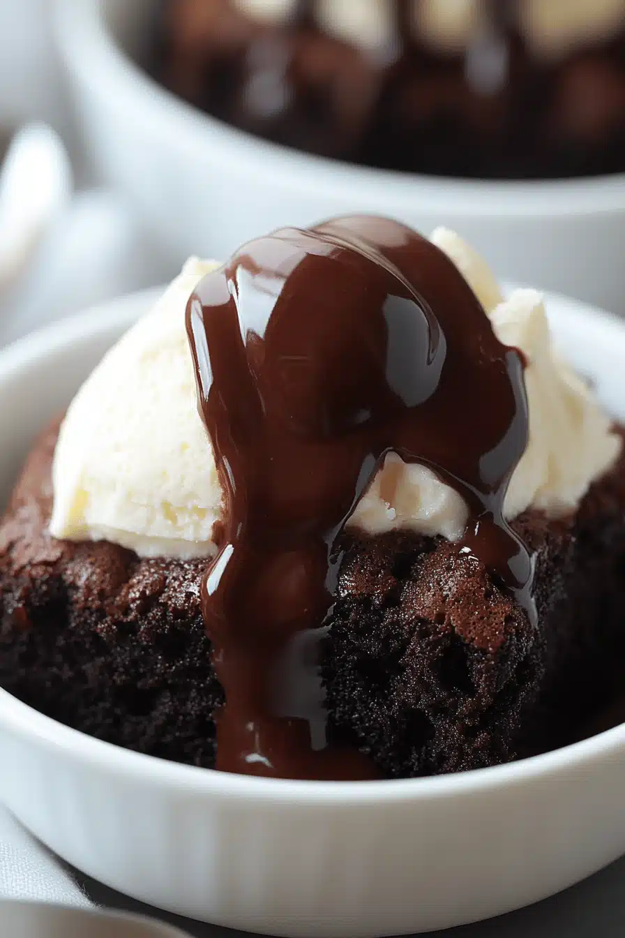 Hot Fudge Pudding Cake slice on plate showing perfect texture and swirl pattern