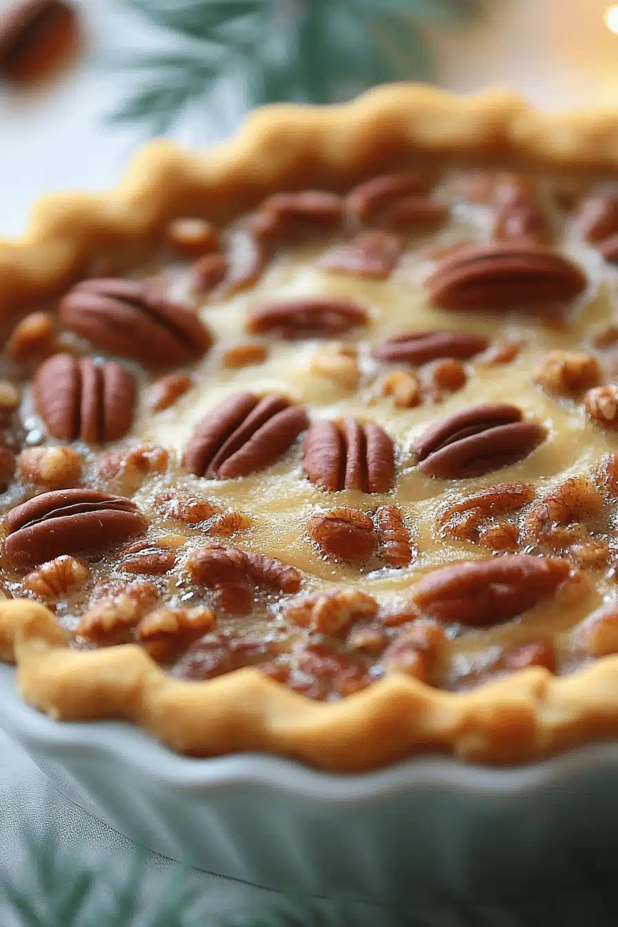 Island Pecan Pie slice on plate showing perfect texture and swirl pattern