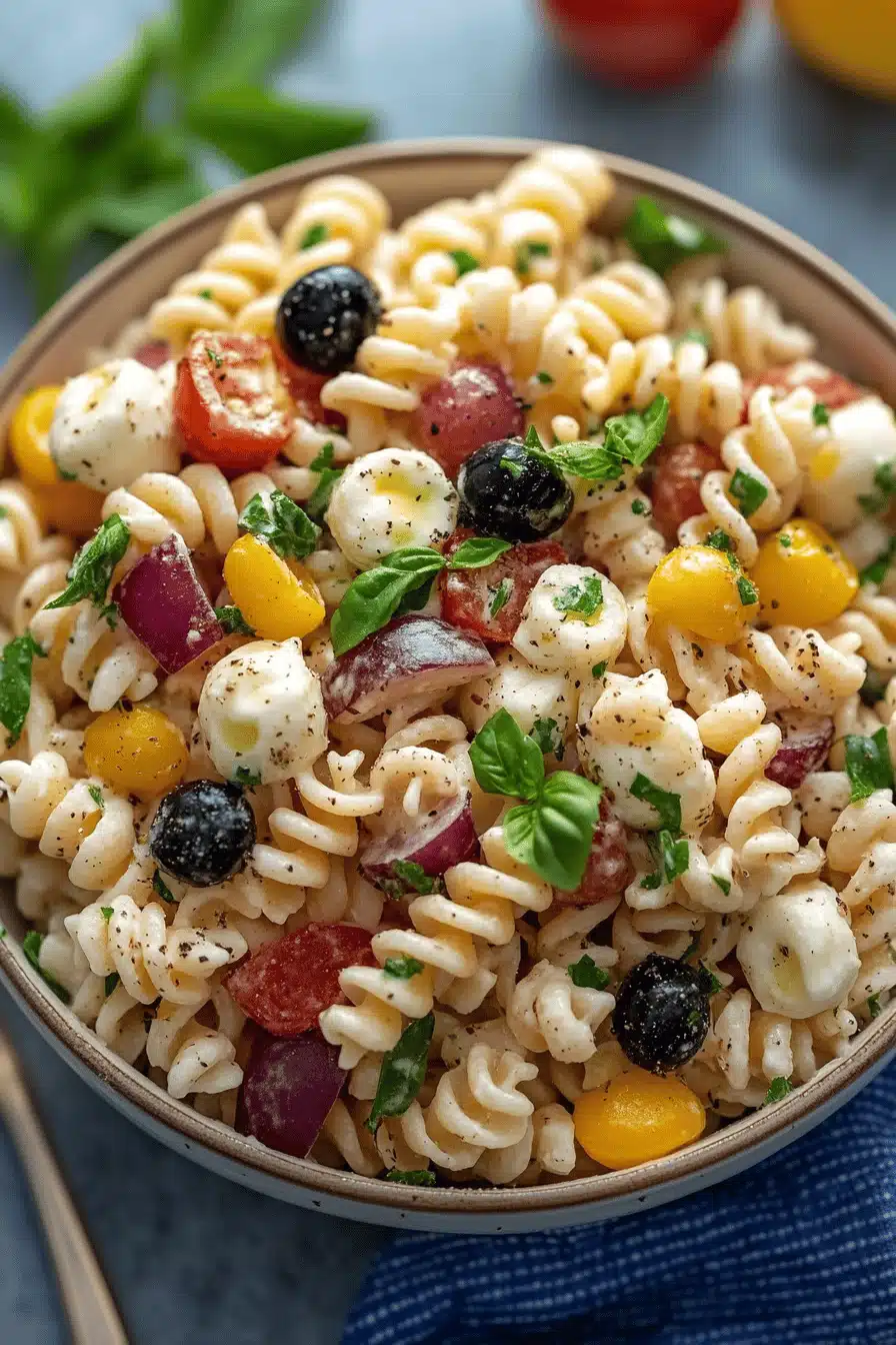 Italian Pasta Salad ingredients organized and measured on kitchen counter