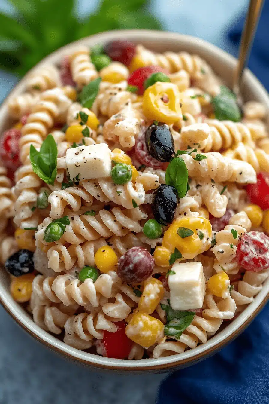 Italian Pasta Salad slice on plate showing perfect texture and swirl pattern