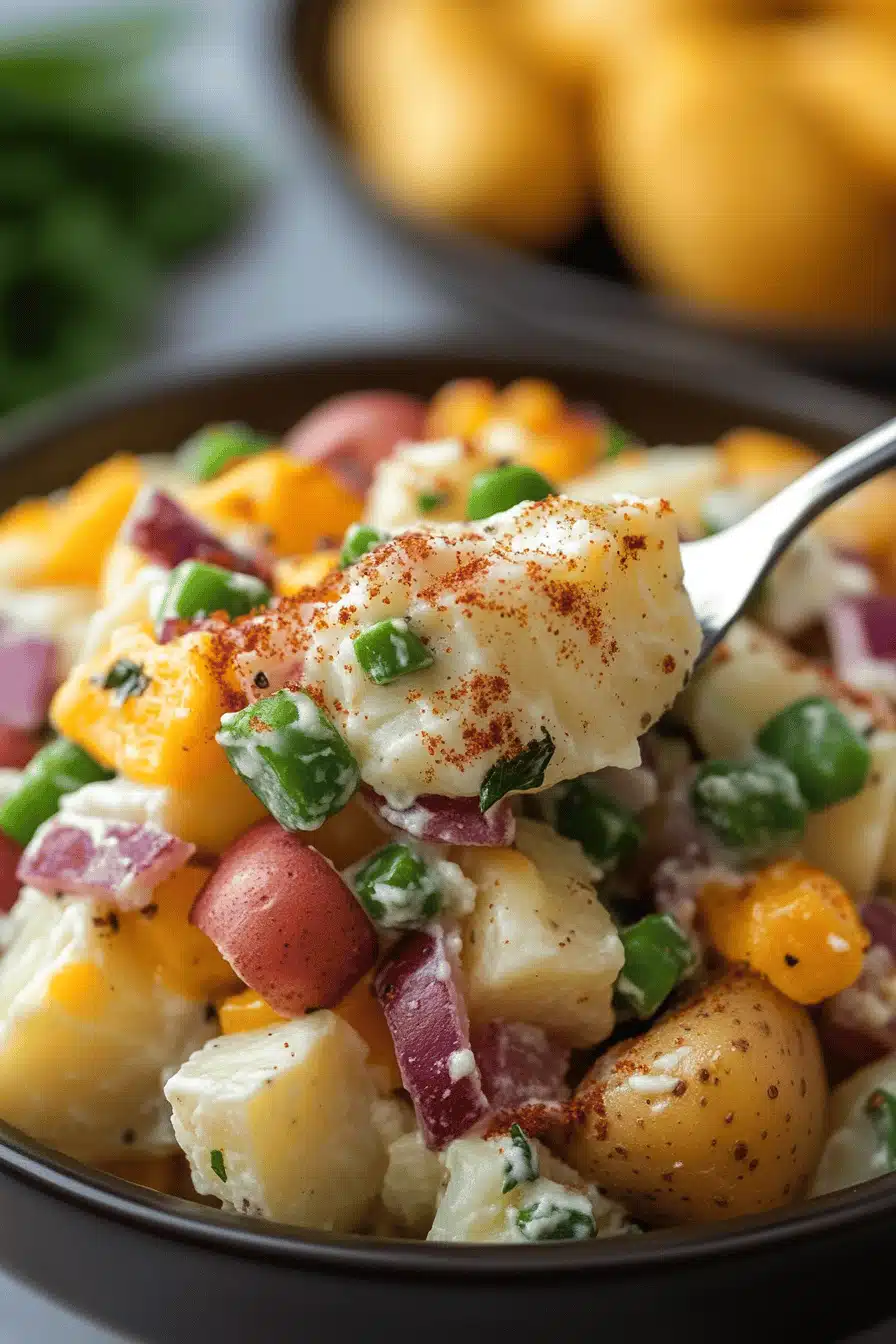 Loaded Baked Potato Salad slice on plate showing perfect texture and swirl pattern