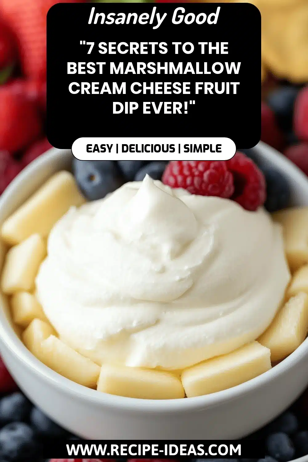 Marshmallow Cream Cheese Fruit Dip final dish beautifully presented and ready to serve