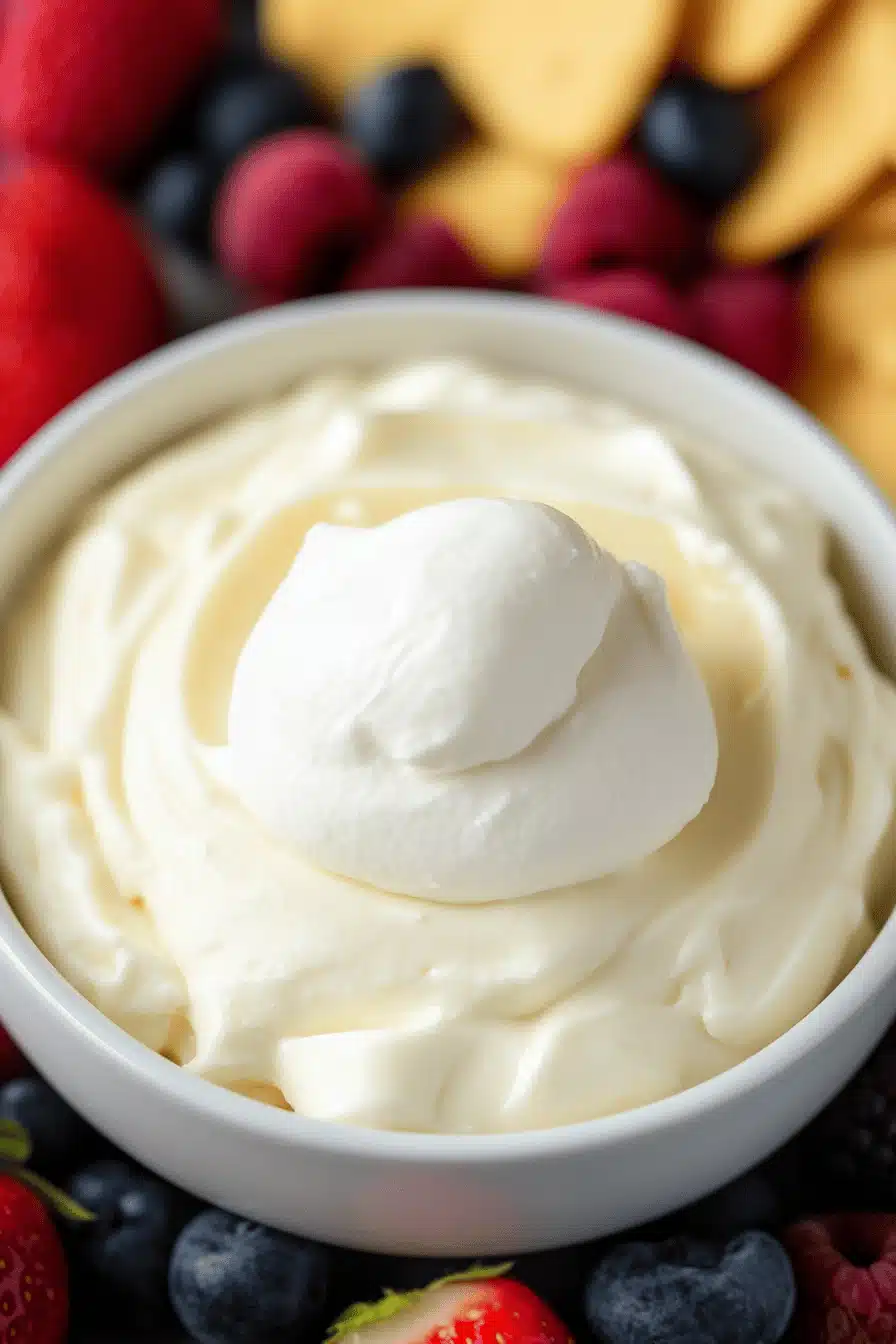 Marshmallow Cream Cheese Fruit Dip ingredients organized and measured on kitchen counter