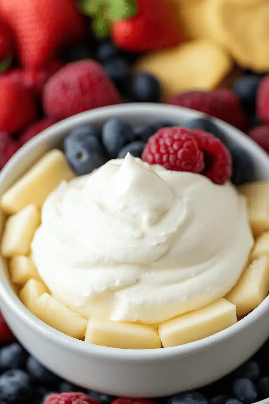 Marshmallow Cream Cheese Fruit Dip slice on plate showing perfect texture and swirl pattern