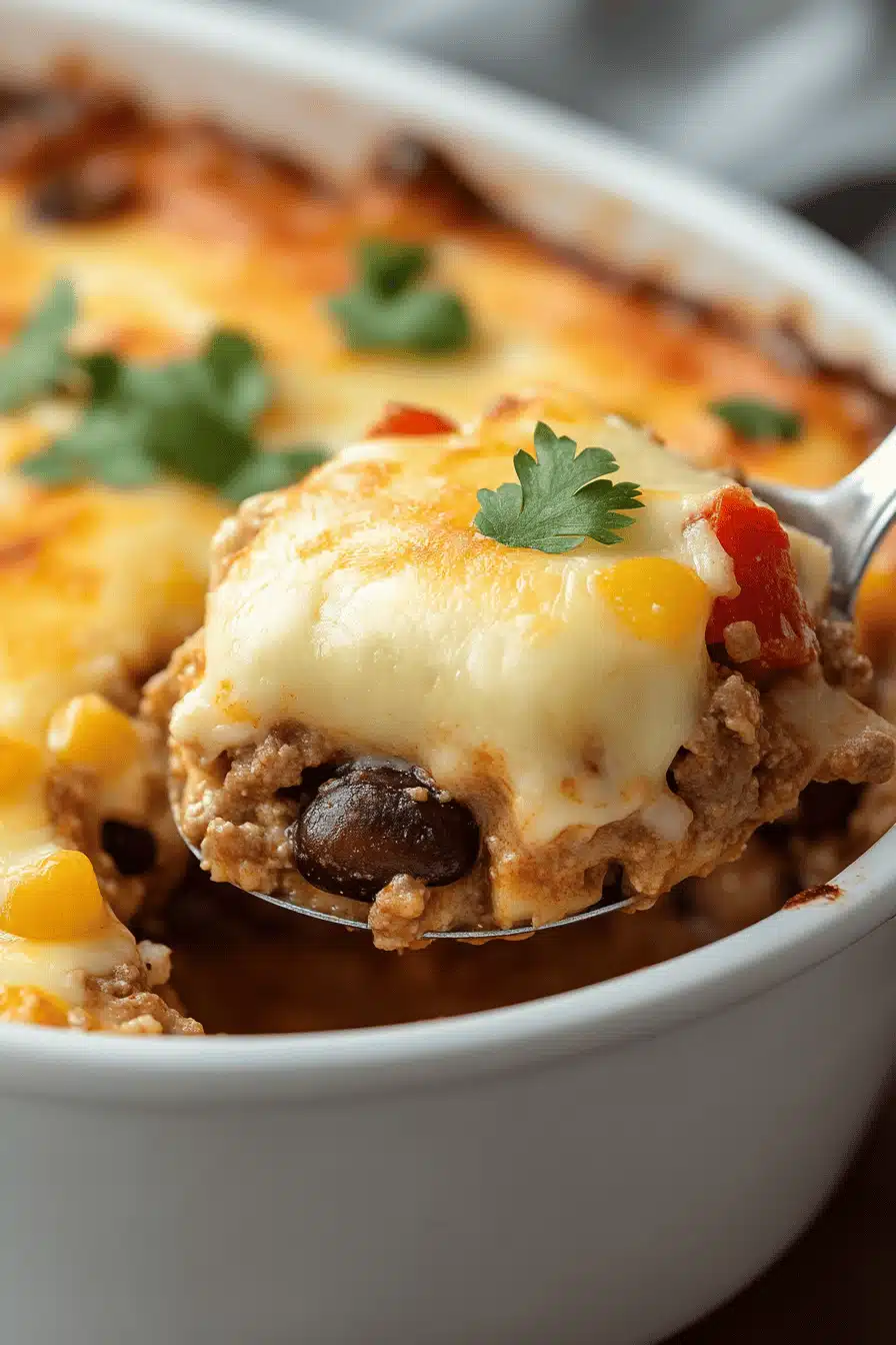 Mexican White Trash Casserole slice on plate showing perfect texture and swirl pattern