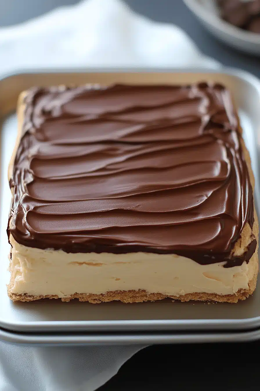 No-Bake Chocolate Eclair Cake slice on plate showing perfect texture and swirl pattern