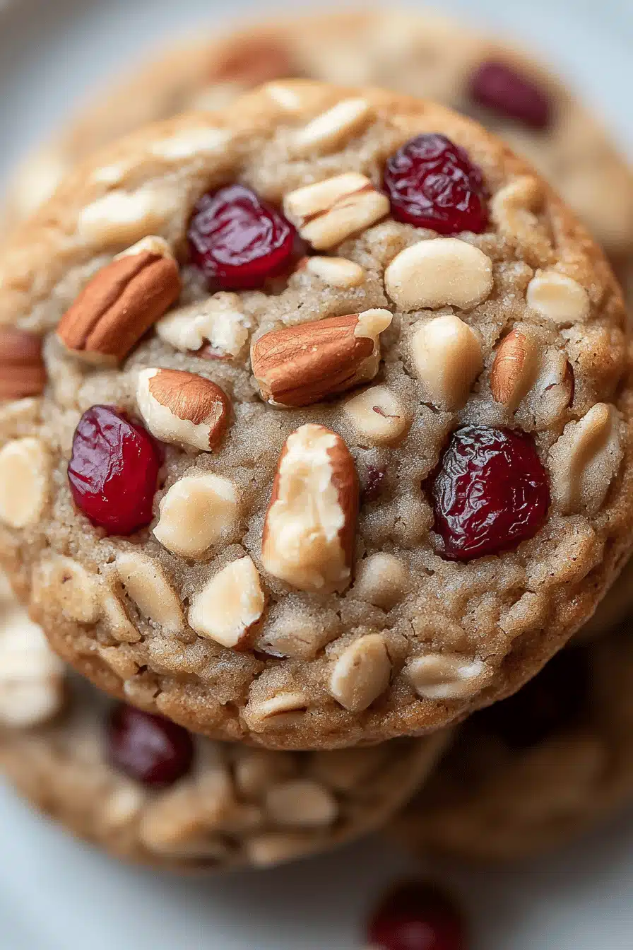 Oatmeal Cranberry Pecan Cookies slice on plate showing perfect texture and swirl pattern