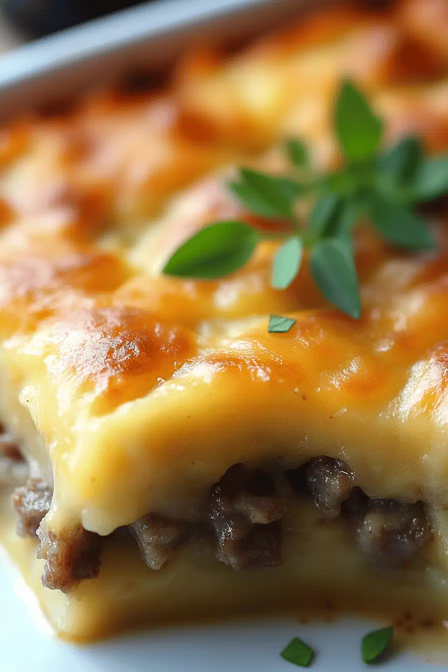 Pancake Sausage Casserole slice on plate showing perfect texture and swirl pattern