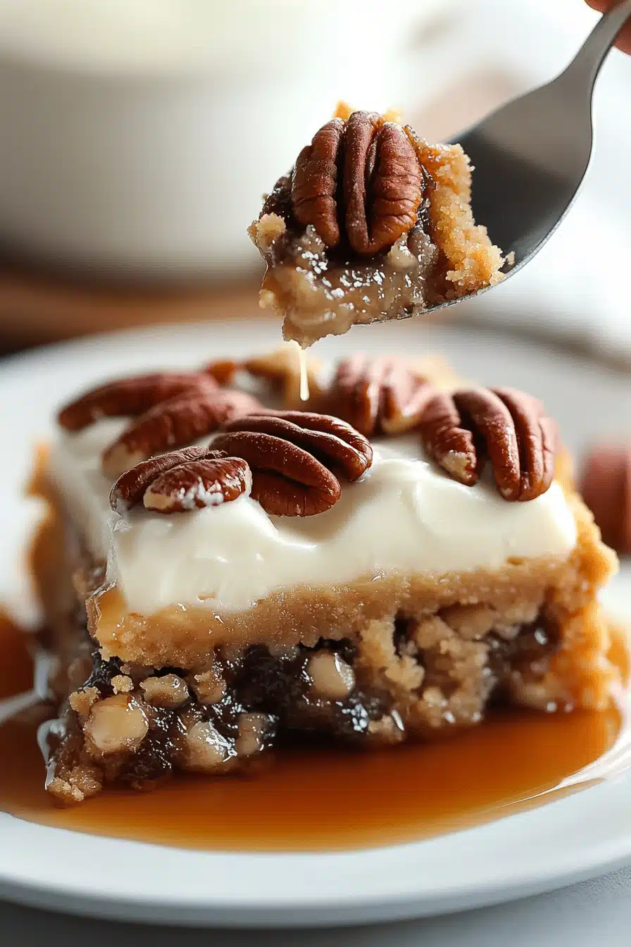 Pecan Pie Dump Cake slice on plate showing perfect texture and swirl pattern